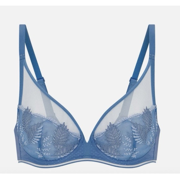 NWT Simone Perele Bloom Sheer Plunge Bra Size 34E Blue 12Y319 - Picture 1 of 6